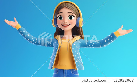 Teenager Listening to Music A vibrant, modern 3D cartoon illustration. 122922068