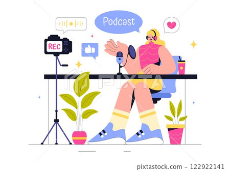 Podcast Vector Illustration featuring People Using Headsets to Record Audio, a Host Interviewing a Guest, or an Online Show with a Microphone Podcast Vector Illustration featuring People Using Headsets to Record Audio, a Host Interviewing a Guest, or an Online Show with a Microphone 122922141