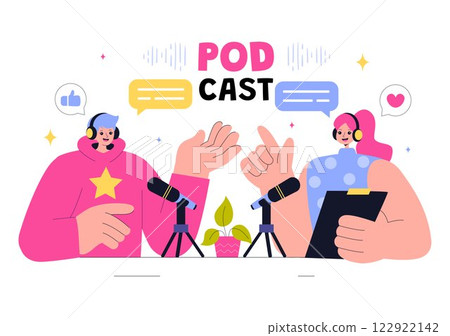 Podcast Vector Illustration featuring People Using Headsets to Record Audio, a Host Interviewing a Guest, or an Online Show with a Microphone Podcast Vector Illustration featuring People Using Headsets to Record Audio, a Host Interviewing a Guest, or an Online Show with a Microphone 122922142