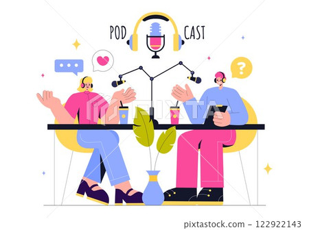 Podcast Vector Illustration featuring People Using Headsets to Record Audio, a Host Interviewing a Guest, or an Online Show with a Microphone Podcast Vector Illustration featuring People Using Headsets to Record Audio, a Host Interviewing a Guest, or an Online Show with a Microphone 122922143