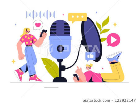 Podcast Vector Illustration featuring People Using Headsets to Record Audio, a Host Interviewing a Guest, or an Online Show with a Microphone Podcast Vector Illustration featuring People Using Headsets to Record Audio, a Host Interviewing a Guest, or an Online Show with a Microphone 122922147