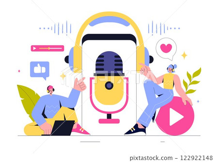 Podcast Vector Illustration featuring People Using Headsets to Record Audio, a Host Interviewing a Guest, or an Online Show with a Microphone Podcast Vector Illustration featuring People Using Headsets to Record Audio, a Host Interviewing a Guest, or an Online Show with a Microphone 122922148