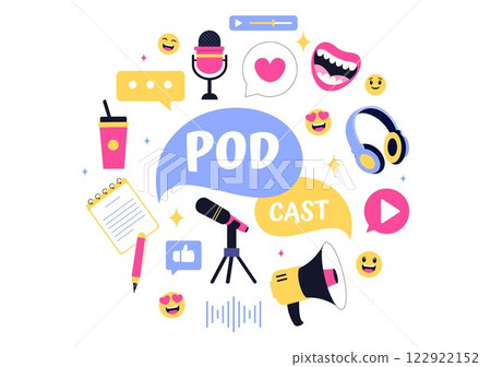 Podcast Vector Illustration featuring People Using Headsets to Record Audio, a Host Interviewing a Guest, or an Online Show with a Microphone Podcast Vector Illustration featuring People Using Headsets to Record Audio, a Host Interviewing a Guest, or an Online Show with a Microphone 122922152