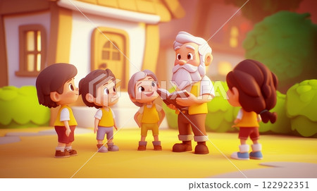 Grandfather Telling Stories to Children Pastel colored 3D cartoon style illustration. 122922351