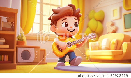 Man Playing Guitar Pastel colored 3D cartoon style illustration. 122922369