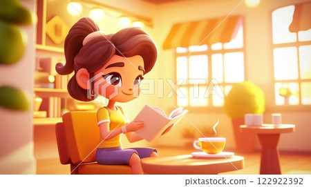 Teen Girl Reading Poetry Pastel colored 3D cartoon style illustration. 122922392