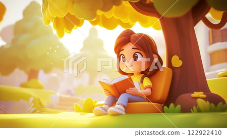 Teen Reading a Book Pastel colored 3D cartoon style illustration. 122922410