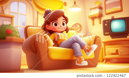 Woman Watching TV Pastel colored 3D cartoon style illustration. 122922467