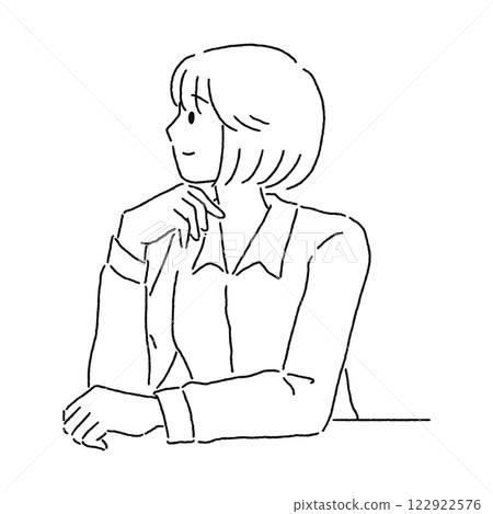 Woman resting her chin on her hand, profile, line drawing 122922576
