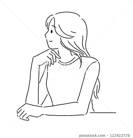 Woman resting her chin on her hand, profile, line drawing 122922578