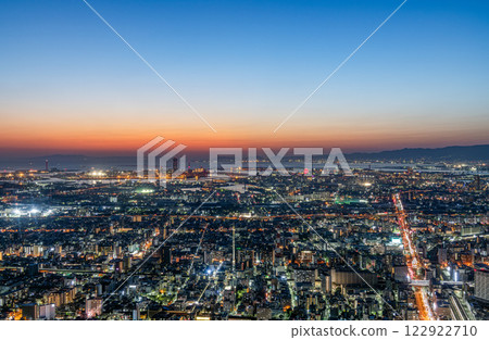 Osaka City, Osaka Prefecture: Beautiful night view of Osaka after sunset (looking west from the Abeno Harukas observation deck) Osaka City, Osaka Prefecture: Beautiful night view of Osaka after sunset (looking west from the Abeno Harukas observation deck) 122922710