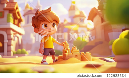 Child Playing in Sandbox Pastel colored 3D cartoon style illustration. 122922884