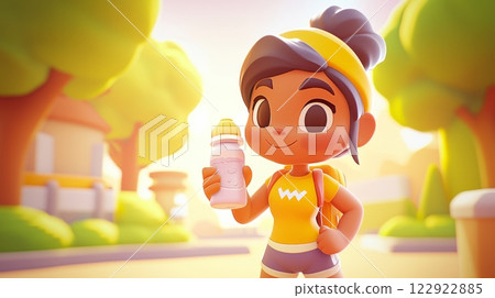Woman Drinking Water Pastel colored 3D cartoon style illustration. Woman Drinking Water Pastel colored 3D cartoon style illustration. 122922885