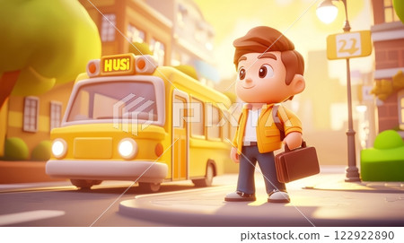 Man Waiting for a Bus Pastel colored 3D cartoon style illustration. 122922890