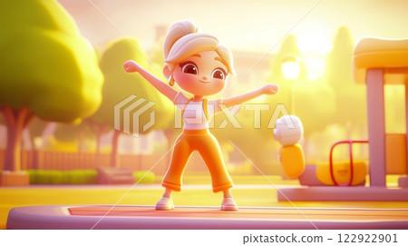 Woman Stretching Arms Pastel colored 3D cartoon style illustration. 122922901