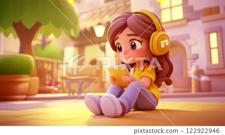 Woman Listening to Music Pastel colored 3D cartoon style illustration. Woman Listening to Music Pastel colored 3D cartoon style illustration. 122922946