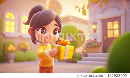 Woman Wrapping a Gift Pastel colored 3D cartoon style illustration. 122922995