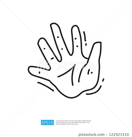 A minimalist illustration of an open hand, emphasizing gesture and communication. The design is simple, with lines representing fingers and a palm. 122923310