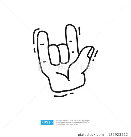 A simple line drawing of a hand making the "rock on" gesture, often associated with music and rock culture. 122923312