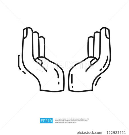 The image features two open hands facing upwards, symbolizing offering, support, or receiving. It presents a minimalist design in black outline on a white background. The image features two open hands facing upwards, symbolizing offering, support, or receiving. It presents a minimalist design in black outline on a white background. 122923331