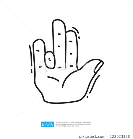A simple line drawing of a hand with fingers extended, typically representing a gesture or sign. A simple line drawing of a hand with fingers extended, typically representing a gesture or sign. 122923338