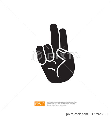 A stylized graphic of a hand making a peace sign, symbolizing harmony and goodwill. 122923353