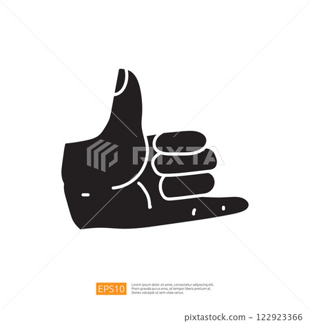 A black silhouette of a hand making the "shaka" sign, commonly associated with Hawaiian culture, symbolizing friendship and Aloha spirit. A black silhouette of a hand making the "shaka" sign, commonly associated with Hawaiian culture, symbolizing friendship and Aloha spirit. 122923366