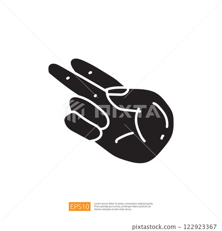 A stylized black and white illustration of a hand making a peace sign, symbolizing harmony and goodwill. 122923367