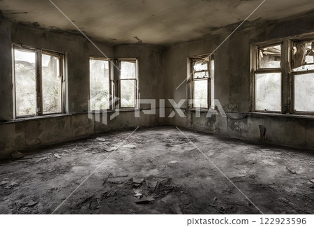 Dirty and dirty abandoned concrete room 122923596