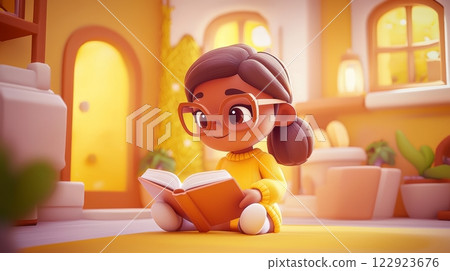 Woman Reading a Book Pastel colored 3D cartoon style illustration. 122923676