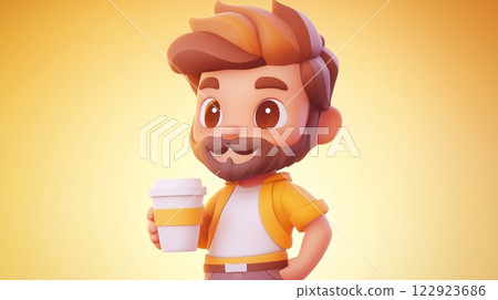 Man Drinking Coffee Pastel colored 3D cartoon style illustration. 122923686
