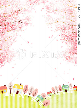 盛開的櫻花，鄉村背景，垂直，插圖，可愛，春天 122923931