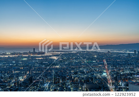 Osaka City, Osaka Prefecture: Beautiful night view of Osaka after sunset (looking west from the Abeno Harukas observation deck) Osaka City, Osaka Prefecture: Beautiful night view of Osaka after sunset (looking west from the Abeno Harukas observation deck) 122923952