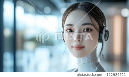 An android robot made to resemble a human woman. An image of a technologically advanced near future. An android robot made to resemble a human woman. An image of a technologically advanced near future. 122924211