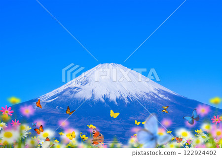 Flower field, butterfly, Mt. Fuji 122924402