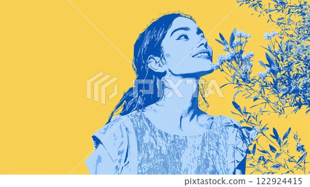 Woman Smelling Flowers Pop art aesthetics illustration. 122924415