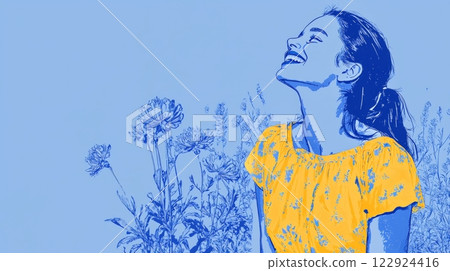 Woman Smelling Flowers Pop art aesthetics illustration. Woman Smelling Flowers Pop art aesthetics illustration. 122924416