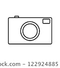 Retro camera illustration; Simple mechanical camera; Film camera; Line icon; Illustration; Silhouette 122924885