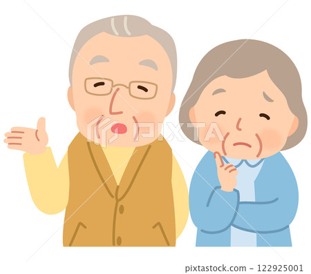 Elderly couple with thinking expressions, doubts, seniors, elderly people, late-stage elderly 122925001