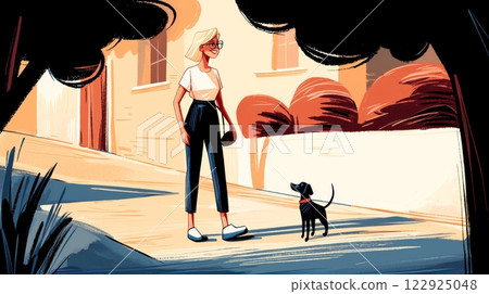 Senior Woman Walking Dog Modern hand-drawn flat illustration. 122925048