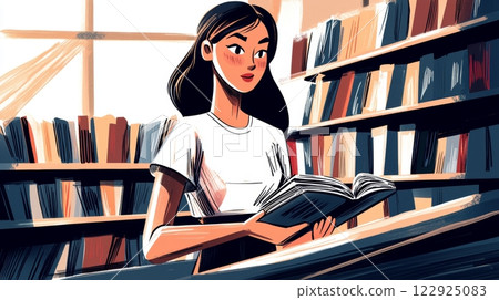 Woman Browsing in Bookstore Modern hand-drawn flat illustration. 122925083