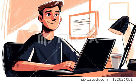 Man Working on Laptop at Home Modern hand-drawn flat illustration. 122925091