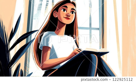 Teen Girl Writing in Journal Modern hand-drawn flat illustration. 122925112