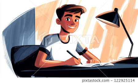 Teen Doing Homework Modern hand-drawn flat illustration. 122925114