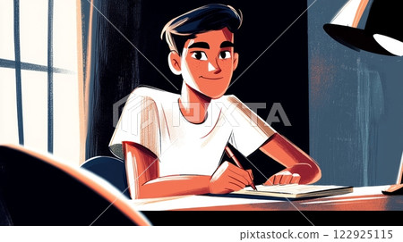 Teen Doing Homework Modern hand-drawn flat illustration. 122925115