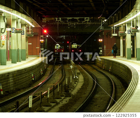 Night view of trains and platforms at Meitetsu Kanayama Station in Nagoya Night view of trains and platforms at Meitetsu Kanayama Station in Nagoya 122925355