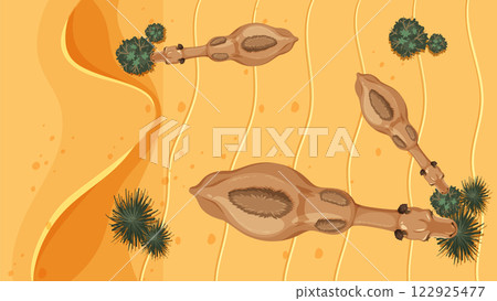 Desert Camels and Sparse Vegetation Desert Camels and Sparse Vegetation 122925477