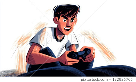 Man Playing Video Games Modern hand-drawn flat illustration. 122925705