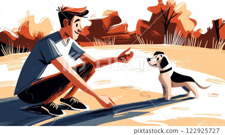 Man Playing with a Dog Modern hand-drawn flat illustration. 122925727