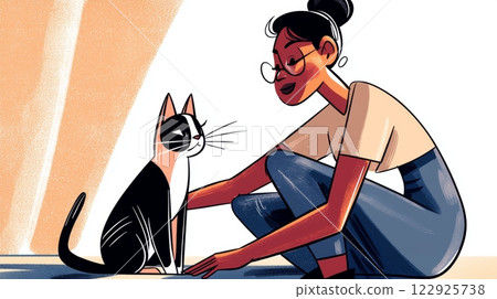 Woman Petting a Cat Modern hand-drawn flat illustration. 122925738